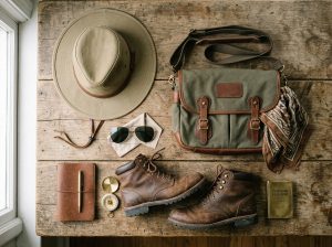 Flat-lay of safari accessories including hat, sunglasses, and boots for a safari style outfit