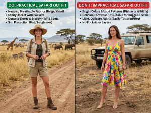 Comparison of a practical safari outfit versus an impractical safari outfit choice
